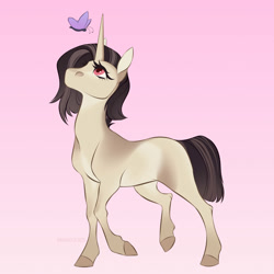 Size: 2000x2000 | Tagged: oc name needed, safe, artist:dementra369, oc, oc only, butterfly, pony, unicorn, blank flank, horn, raised hoof, simple background, solo