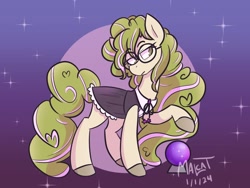 Size: 1000x750 | Tagged: safe, artist:malcat, oc, oc only, oc:chelsea, horse, clothes, crystal ball, dress, female, fortune teller, glasses, gradient background, mare, meganekko, raised hoof, solo, stars, wild manes, wild manes oc