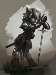 Size: 2000x2700 | Tagged: safe, artist:richmay, oc, oc only, earth pony, pony, armor, bipedal, bipedal leaning, kingdom come: deliverance, knight, leaning, scar, solo, sword, weapon