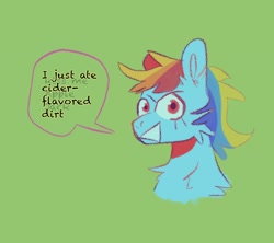 Size: 2048x1820 | Tagged: safe, artist:silliercryptid, rainbow dash, pegasus, pony, g4, alcoholism, bust, chest fluff, dashaholic, dialogue, female, green background, mare, portrait, simple background, solo, speech bubble