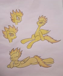 Size: 2914x3506 | Tagged: safe, artist:princess ice color twinkle, spitfire, pegasus, g4, eyes closed, female, looking at you, lying down, mare, sitting, smiling, solo, spread wings, traditional art, wings