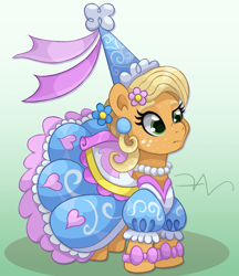 Size: 1400x1620 | Tagged: safe, artist:swasfews, applejack, earth pony, g4, look before you sleep, my little pony: friendship is magic, clothes, dress, ear piercing, earring, eyebrows, gradient background, jewelry, necklace, piercing, raised eyebrow, simple background, solo