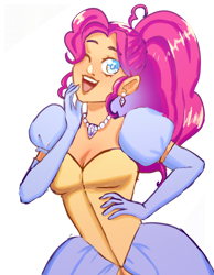 Size: 1280x1651 | Tagged: safe, artist:kitamondrawsstuff, pinkie pie, human, equestria girls, g4, alternate hairstyle, cinderella, clothes, cute, diapinkes, dress, ear piercing, earring, evening gloves, gloves, gown, jetlag productions, jewelry, long gloves, necklace, one eye closed, open mouth, open smile, pearl necklace, piercing, poofy shoulders, smiling, solo, wink