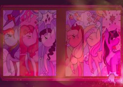 Size: 3430x2434 | Tagged: safe, artist:taisperdox, applejack, fluttershy, pinkie pie, rainbow dash, rarity, twilight sparkle, alicorn, earth pony, pegasus, pony, unicorn, g4, breaking the fourth wall, female, horn, mane six, mare, twilight sparkle (alicorn), unshorn fetlocks, zine:equestria escapades