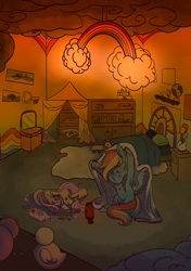 Size: 1701x2414 | Tagged: safe, artist:taisperdox, fluttershy, rainbow dash, pegasus, pony, g4, bedroom, blanket, duo, female, lava lamp, lying down, mare, prone, sleepover, zine:equestria escapades