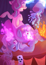 Size: 1701x2415 | Tagged: safe, artist:egg_royale, starlight glimmer, trixie, pony, unicorn, g4, blushing, bucket, fail, female, fire, horn, magic, magic show, magic trick, mare, on fire, playing card, rearing, sweat, telekinesis, water, zine:equestria escapades