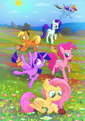 Size: 1690x2398 | Tagged: safe, artist:knyfe_manor, applejack, fluttershy, pinkie pie, rainbow dash, rarity, twilight sparkle, alicorn, butterfly, earth pony, insect, ladybug, pegasus, pony, unicorn, g4, female, field, flower, flying, horn, lying down, mane six, mare, prone, twilight sparkle (alicorn), zine:equestria escapades