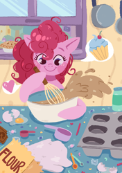 Size: 1985x2817 | Tagged: safe, artist:sailorbiscuit, pinkie pie, earth pony, pony, g4, baking, bowl, cupcake, egg, female, flour, food, mare, mixing bowl, pie, solo, speech bubble, whisk