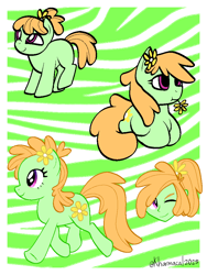 Size: 768x1024 | Tagged: safe, artist:kharmacal, oc, oc only, earth pony, human, pony, female, filly, foal, humanized, lying down, mouth hold, passepartout, ponyloaf, ponytail, prone, self paradox, self ponidox, show accurate, striped background