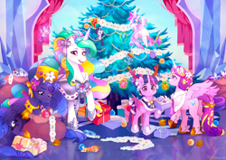 Size: 3430x2434 | Tagged: safe, artist:frank3dz, applejack, fluttershy, pinkie pie, princess cadance, princess flurry heart, rainbow dash, rarity, trixie, twilight sparkle, alicorn, pony, g4, antlers, capelet, christmas, christmas tree, clothes, crystal castle, decorating, female, fetlock tuft, filly, flower, flower in hair, flying, foal, hat, holiday, hoof shoes, mane six, mare, plushie, scarf, tree, twilight sparkle (alicorn), zine:equestria escapades