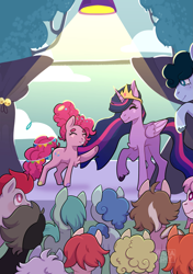 Size: 1701x2414 | Tagged: safe, artist:parashy, pinkie pie, twilight sparkle, oc, alicorn, earth pony, pony, g4, chest fluff, duo, female, jewelry, mare, older, older pinkie pie, older twilight, older twilight sparkle (alicorn), performance, regalia, twilight sparkle (alicorn), unshorn fetlocks, zine:equestria escapades