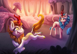 Size: 3401x2414 | Tagged: safe, artist:sinfulhare, autumn blaze, rain shine, kirin, g4, cloven hooves, duo, female, fetlock tuft, horn, kirin village, leonine tail, tail, zine:equestria escapades