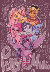 Size: 1701x2414 | Tagged: safe, artist:scribleydoodles, applejack, fluttershy, pinkie pie, rainbow dash, rarity, twilight sparkle, alicorn, earth pony, pegasus, pony, unicorn, g4, alternate hairstyle, choker, clothes, curved horn, ear piercing, earring, eyebrows, eyebrows visible through hair, face paint, female, hat, hoof shoes, horn, jewelry, makeup, mane six, mare, necklace, piercing, socks, striped socks, twilight sparkle (alicorn), zine:equestria escapades