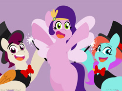 Size: 2048x1536 | Tagged: safe, artist:rockhoppr3, jazz hooves, pipp petals, rocky riff, pegasus, pony, g5, bipedal, clothes, female, hat, male, mare, open mouth, open smile, purple background, simple background, smiling, stallion, trio