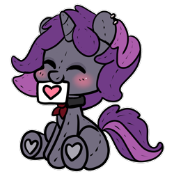 Size: 1500x1500 | Tagged: safe, artist:anykoe, oc, oc:velvet swirl, unicorn, accessory, blushing, chibi, commission, cute, ear piercing, earring, eyes closed, female, heart, horn, jewelry, piercing, plushie, purple mane, sign, simple background, sitting, solo, transparent background, unicorn oc, ych result, your character here