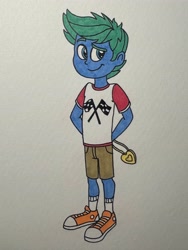 Size: 3024x4032 | Tagged: safe, artist:dylanwayneburk, oc, oc:lightning twister, human, equestria girls, equestria girls specials, g4, my little pony equestria girls: better together, adopted offspring, checkered flag, clothes, heart locket, humanized, locket, locket necklace, male, offspring, orphan, shirt, shoes, shorts, sneakers, t-shirt, traditional art