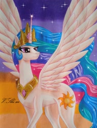 Size: 1556x2048 | Tagged: safe, artist:shi-m, princess celestia, alicorn, pony, g4, crown, female, jewelry, looking at something, majestic, mare, peytral, photo, regalia, solo, sparkles, sparkly mane, sparkly tail, spread wings, stars, tail, traditional art, wings