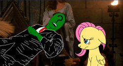 Size: 1169x630 | Tagged: safe, anonymous artist, edit, edited screencap, screencap, fluttershy, oc, oc:anon, human, pegasus, pony, g4, army of darkness, folded wings, frown, human and pony, human male, male, movie reference, parody, screenshots, wings