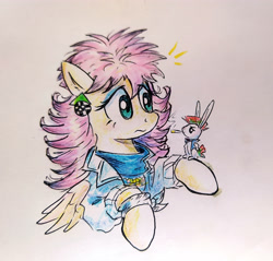 Size: 4096x3918 | Tagged: safe, artist:mirio_p2, angel bunny, fluttershy, pegasus, pony, g4, 80s, cigarette, colored, ear piercing, earring, full color, half body, jewelry, make-up, piercing, traditional art