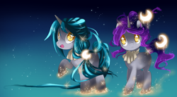 Size: 1098x607 | Tagged: safe, artist:loyaldis, oc, oc only, oc:moondust, oc:stardust, pony, unicorn, female, filly, foal, horn