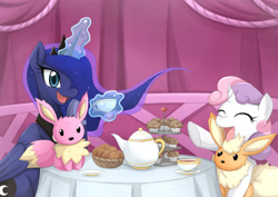 Size: 1400x990 | Tagged: safe, artist:jinzhan, princess luna, sweetie belle, alicorn, eevee, flareon, pony, unicorn, g4, cookie, cup, cupcake, cute, drink, food, happy, magic, plate, plushie, pokémon, smiling, tea, tea party, teacup, teapot, telekinesis