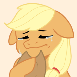 Size: 800x800 | Tagged: safe, artist:unpopulargoose, applejack, earth pony, pony, g4, applejack's hat, cowboy hat, crying, emotes, female, hat, mare, simple background, solo, zine:equestria escapades