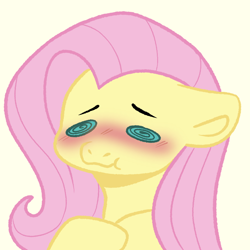 Size: 800x800 | Tagged: safe, artist:unpopulargoose, fluttershy, pegasus, pony, g4, blushing, bust, emotes, female, mare, simple background, solo, swirly eyes, zine:equestria escapades