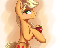 Size: 2500x1667 | Tagged: safe, artist:divori, applejack, g4, apple, chest fluff, female, food, looking back, mare, simple background, sitting, smiling, solo