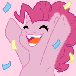 Size: 800x800 | Tagged: safe, artist:unpopulargoose, pinkie pie, earth pony, pony, g4, confetti, emotes, female, mare, open mouth, open smile, simple background, smiling, solo, zine:equestria escapades