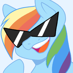 Size: 800x800 | Tagged: safe, artist:unpopulargoose, rainbow dash, pegasus, pony, g4, emotes, female, mare, simple background, solo, sunglasses, zine:equestria escapades