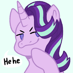 Size: 800x800 | Tagged: safe, artist:unpopulargoose, starlight glimmer, pony, unicorn, g4, bust, dialogue, emotes, female, heh, horn, mare, simple background, solo, speech bubble, zine:equestria escapades