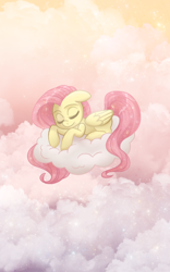 Size: 800x1280 | Tagged: safe, artist:luminairous, fluttershy, pegasus, pony, g4, cloud, female, lying down, mare, on a cloud, prone, sleeping, solo, zine:equestria escapades