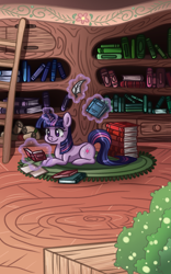 Size: 800x1280 | Tagged: safe, artist:luminairous, twilight sparkle, pony, unicorn, g4, book, bookshelf, carpet, female, lying down, magic, mare, prone, quill, reading, solo, telekinesis, unicorn twilight, zine:equestria escapades