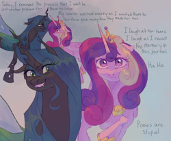 Size: 1700x1400 | Tagged: safe, artist:abbytabbys, princess cadance, queen chrysalis, alicorn, changeling, pony, g4, text