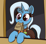 Size: 888x862 | Tagged: safe, artist:xppp1n, trixie, pony, unicorn, g4, burger, clothes, cute, diatrixes, drive thru, female, food, horn, mare, scene interpretation, solo, to saddlebags and back again, uniform