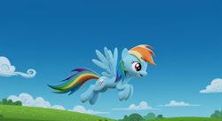 Size: 827x451 | Tagged: safe, ai content, artist:3d4d, rainbow dash, pegasus, g4, flying, sky, solo