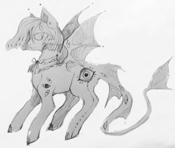 Size: 1298x1099 | Tagged: safe, artist:ooo_21, oc, oc only, pony, bat wings, black and white, female, grayscale, mare, monochrome, multiple eyes, simple background, sketch, slit pupils, solo, white background, wings