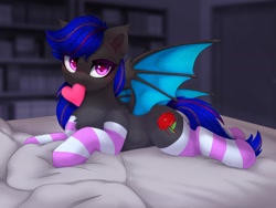 Size: 2000x1500 | Tagged: safe, artist:taiweiart, oc, oc only, oc:ebony rose, bat pony, bat pony oc, bed, book, bookshelf, clothes, commission, cutie mark, ear tufts, fangs, heart, heart eyes, pillow, sheet, socks, striped socks, wingding eyes, wings, ych result