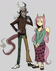 Size: 1420x1805 | Tagged: safe, artist:ooo_21, discord, fluttershy, draconequus, pegasus, anthro, g4, clothes, duo, female, gray background, male, simple background, sweater