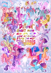 Size: 1170x1652 | Tagged: safe, artist:jamberrypop, applejack, firefly, fizzy, fluttershy, gusty, hitch trailblazer, ivy, izzy moonbow, light heart, magic star, misty brightdawn, pinkie pie, pinkie pie (g3), pipp petals, princess silver swirl, rainbow dash, rainbow dash (g3), rarity, scootaloo (g3), star catcher, starlight glimmer, starsong, sundance, sundance (g2), sunny starscout, surprise, sweet berry, sweetie belle (g3), toola-roola, twilight, twilight sparkle, wind whistler, zipp storm, alicorn, earth pony, pegasus, pony, unicorn, zine:fanzines r magic volume 1, g1, g2, g3, g4, g5, alternate design, bow, braid, braided tail, core four, female, flying, horn, lying down, male, mane five, mane six, mane six (g5), mare, one eye closed, prone, race swap, spread wings, stallion, sunnycorn, tail, tail bow, tongue out, unicorn twilight, unshorn fetlocks, upside down, wings, wink