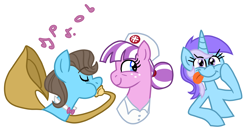 Size: 3508x1792 | Tagged: safe, artist:queertrixie, beauty brass, diamond mint, nurse sweetheart, earth pony, unicorn, g4, bust, female, horn, mare, outline, portrait, simple background, transparent background, trio