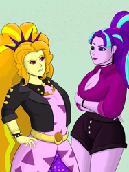 Size: 5400x7200 | Tagged: safe, artist:gogglespizano, adagio dazzle, starlight glimmer, human, equestria girls, g4, 2021, duo, female, green background, lesbian, looking at each other, looking at someone, shipping, simple background, standing, stardagio