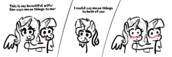 Size: 1500x500 | Tagged: safe, artist:zoeyhorse, sunset shimmer, trixie, twilight sparkle, alicorn, pony, unicorn, fanfic:twilight's eclipse, g4, alicornified, blushing, comic, dialogue, female, grayscale, horn, lesbian, mare, monochrome, partial color, race swap, ship:sunsetsparkle, ship:suntrix, ship:twixie, shipping, simple background, trio, trio female, trixiecorn, unicorn twilight, white background