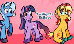 Size: 1500x900 | Tagged: safe, artist:zoeyhorse, sunset shimmer, trixie, twilight sparkle, alicorn, pony, unicorn, fanfic:twilight's eclipse, g4, alicornified, alternate universe, blush sticker, blushing, colored hooves, conjoined, fanfic art, female, freckles, hooves, horn, lesbian, looking at each other, looking at someone, polyamory, race swap, ship:sunsetsparkle, ship:suntrix, ship:twixie, shipping, trio, trio female, trixiecorn, unicorn twilight, unshorn fetlocks