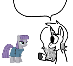 Size: 655x591 | Tagged: safe, artist:zoeyhorse, maud pie, oc, oc:raspberry ripple, earth pony, pony, unicorn, g4, duo, female, horn, mare, pointing, simple background, solo, speech bubble, white background