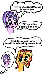 Size: 450x720 | Tagged: safe, artist:zoeyhorse, starlight glimmer, sunset shimmer, pony, unicorn, g4, 2 panel comic, blushing, bust, comic, dialogue, duo, duo female, female, horn, lesbian, lidded eyes, mare, meta humor, ship:shimmerglimmer, shipping, speech bubble, thought bubble