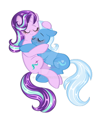 Size: 1600x1928 | Tagged: safe, artist:dd-mlp, starlight glimmer, trixie, g4, 2024, blushing, cute, deviantart watermark, duo, female, hug, lesbian, obtrusive watermark, ship:startrix, shipping, simple background, smiling, transparent background, watermark