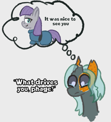 Size: 691x761 | Tagged: safe, artist:zoeyhorse, maud pie, oc, oc:phage, changeling, earth pony, pony, g4, canon x oc, changeling oc, dialogue, female, lesbian, looking at you, looking back, looking back at you, shipping, smiling, smiling at you, solo, thought bubble, when she smiles