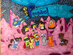 Size: 4032x3024 | Tagged: safe, artist:dylanwayneburk, apple bloom, kevin, scootaloo, sweetie belle, bird, earth pony, pegasus, penguin, pony, unicorn, g4, my little pony: friendship is magic, 3-2-1 penguins!, 321 penguins, captain zidgel, children, colt, crossover, cutie mark crusaders, female, fidgel, filly, foal, hero, horn, jason, jason conrad, jason t. conrad, junior asparagus, kids, laura carrot, male, michelle, michelle conrad, michelle frances conrad, midgel, planet, ponified, space, spaceship, traditional art, universe, zidgel