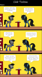 Size: 1920x3516 | Tagged: safe, artist:techno-babble, oc, oc only, oc:azure dusk, oc:techno babble, earth pony, pony, unicorn, comic:club techno, series:technoverse, g4, 3 panel comic, 3d, comic, duo, duo male and female, female, horn, male, mare, slice of life, speech bubble, stallion